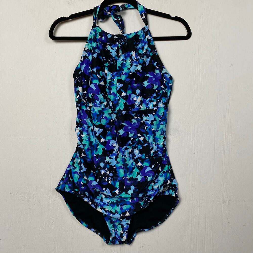 Speedo Blue One Piece Halter High Neck Keyhole Athletic Swimsuit Size Large